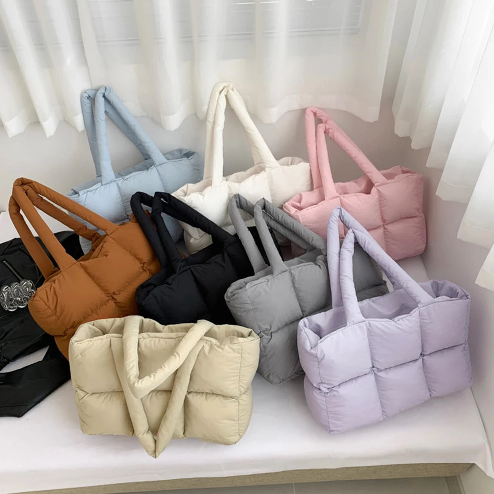 Women’s Puffer Shoulder Bag – Solid Color Quilted Cloud Tote, Large Capacity Soft Commuting Handbag