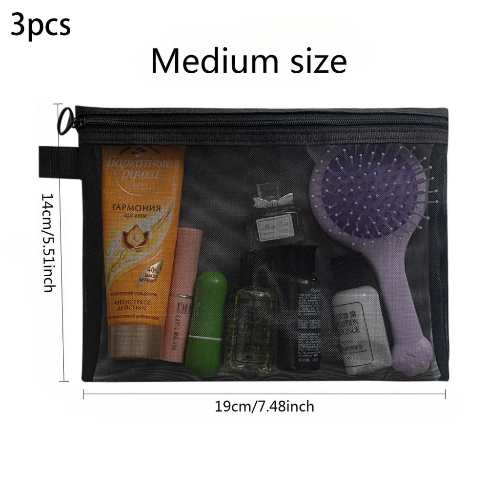 3-Size Nylon Mesh Makeup Bags – Waterproof Toiletry & Brush Organizer Pouches for Women