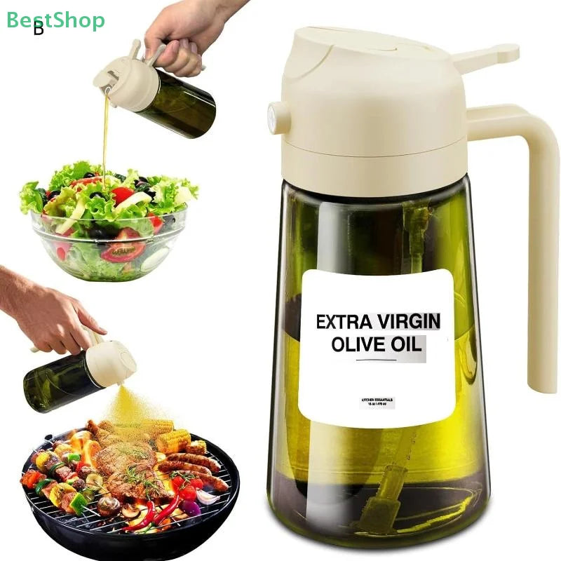 2-in-1 Oil Bottle – Dual-Function Olive Oil Sprayer & Pour Dispenser, Light-Blocking Design.