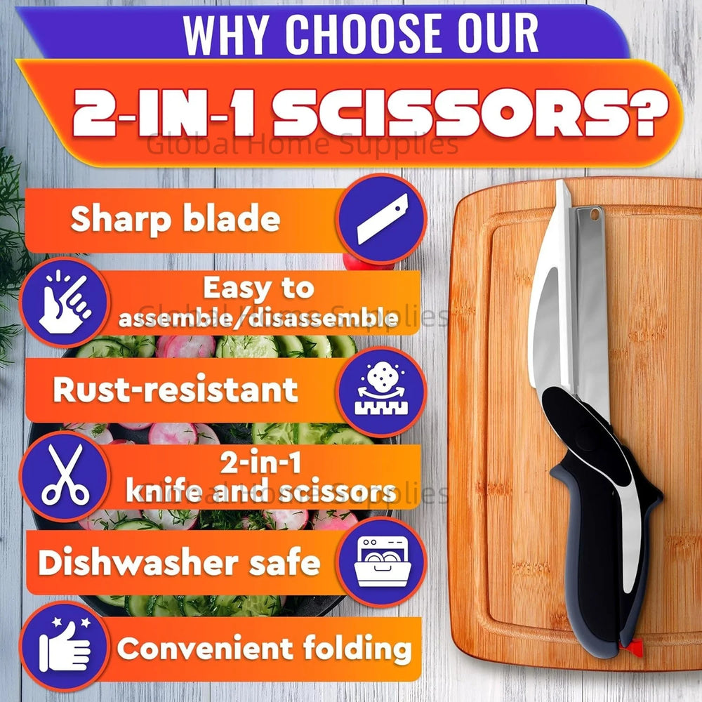 Cutting Board Scissors – Smart Kitchen Food Cutter Knife with Built-in Chopping Board