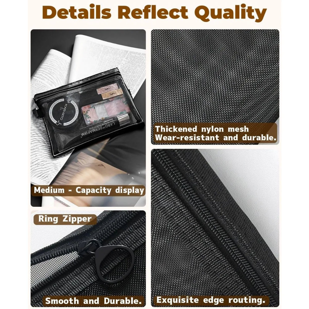 3-Size Nylon Mesh Makeup Bags – Waterproof Toiletry & Brush Organizer Pouches for Women