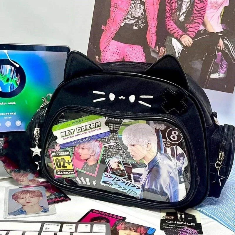 Korean Kawaii Cat  Bag – Cute PU Shoulder Bag with Transparent Pocket.