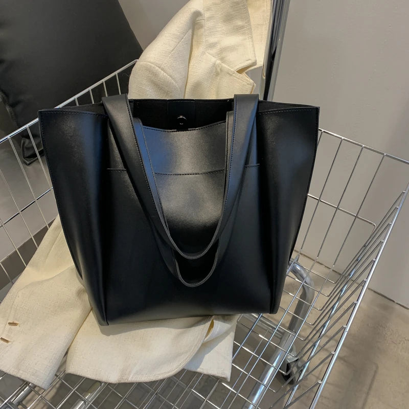 Women’s Soft Leather Tote Bag – Large Capacity Casual Shopper Handbag with Outer Pocket
