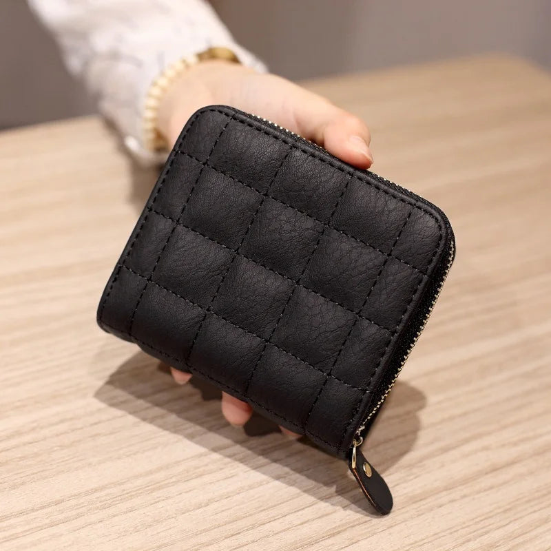 Women’s PU Leather Short Wallet – Luxury Plaid Nubuck Card Holder, Small Zipper Coin Purse