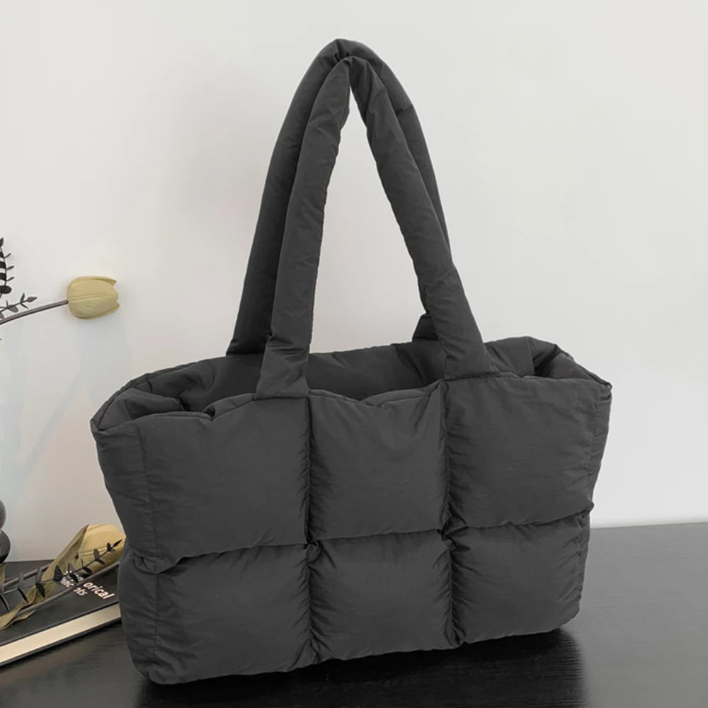 Women’s Puffer Shoulder Bag – Solid Color Quilted Cloud Tote, Large Capacity Soft Commuting Handbag