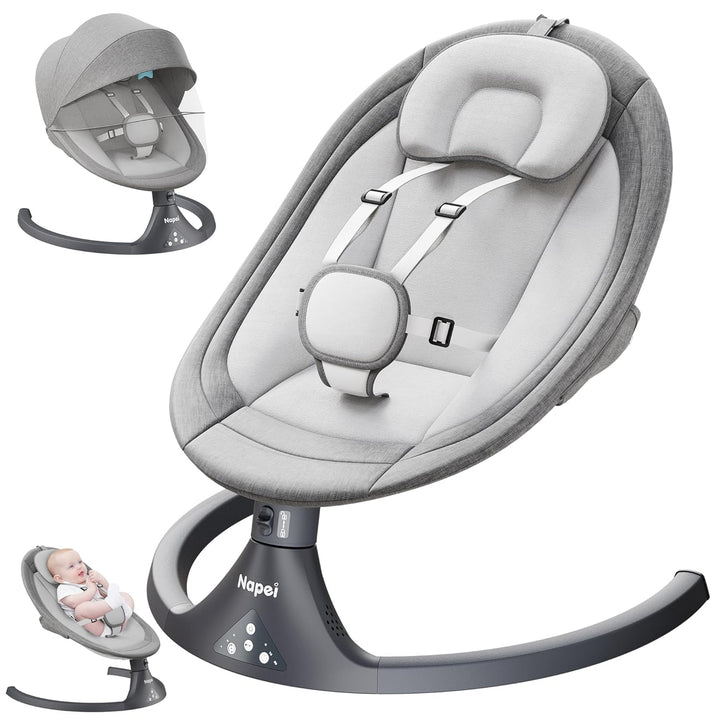 Electric Baby Swing for Infants – Bluetooth & Remote Control, 5 Speeds, 10 Music Modes, Adjustable Seat (0–9 Months, Gray)