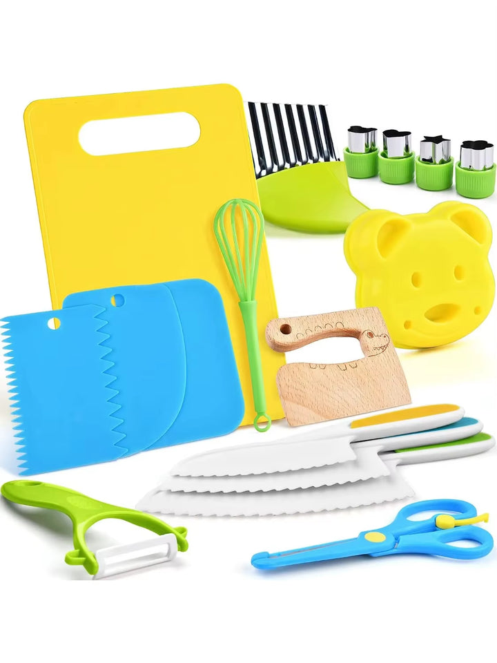 17PCS Kids Cooking Set – Kitchen Toys with Safe Knives & DIY Plastic Accessories for Toddlers